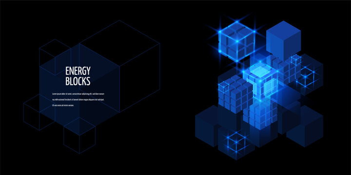 Energy blocks vector banner design, big data neon cube high tech virtual technology, AI HUD elements, energy box network