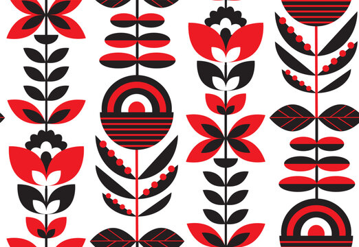 Fototapeta folk art scandi nordic black white red flowers and botanicals seamless pattern, vector illustration repeat design