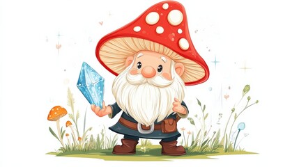 Cheerful Gnome with Large Mushroom Hat Holding Crystal