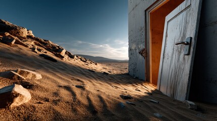 Deserted house entrance with partially open door on sandy landscape during sunset