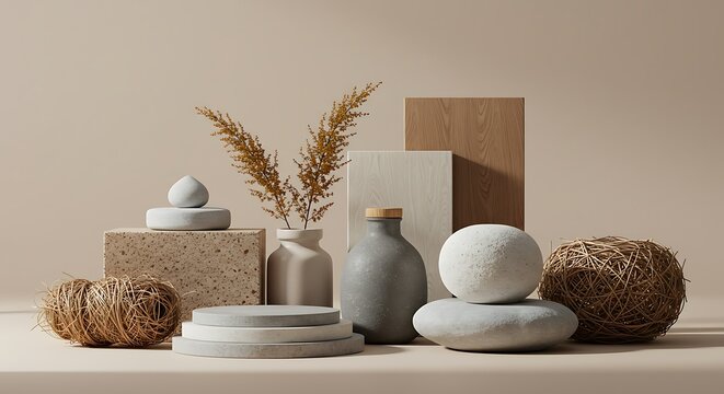 Arrangement of Natural Materials and Geometric Forms on Beige Surface
