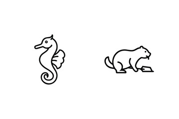 Minimalist Line Art Seahorse And Beaver Vector Graphics On White Background