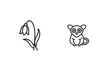 Simple Line Art Illustration Of A Snowdrop Flower And Cute Animal