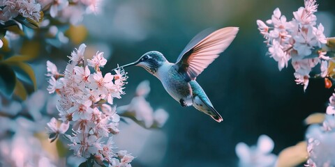 A hummingbird hovering near a blooming flower, sipping nectar.