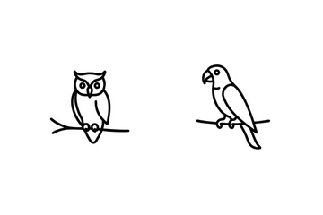 Owl And Parrot Line Art Illustration On Branches Simple Outline Style
