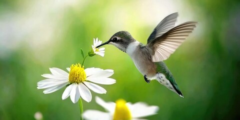 A hummingbird hovering near a blooming flower, sipping nectar.
