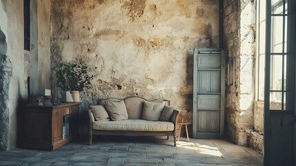 Muted aged stone wall with a cozy, timeworn look