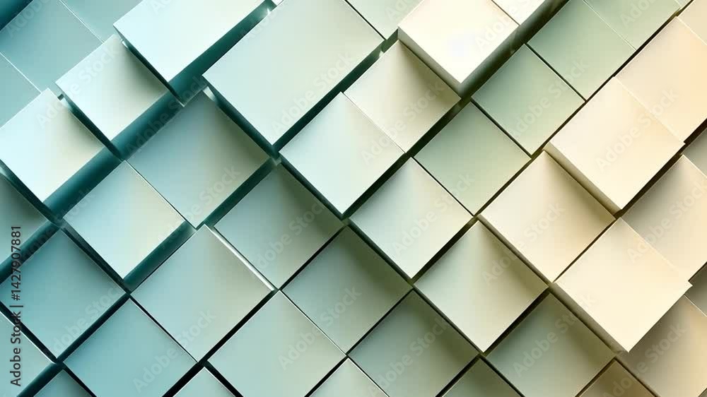 Poster modern abstract design three dimensional geometric pattern of textured cubes in blue and cream, crea