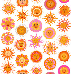  boho mandala medallion sol sun seamless pattern in warm pink yellow orange sunny palette, bohemian chic celestial sunshine repeat design vector illustration