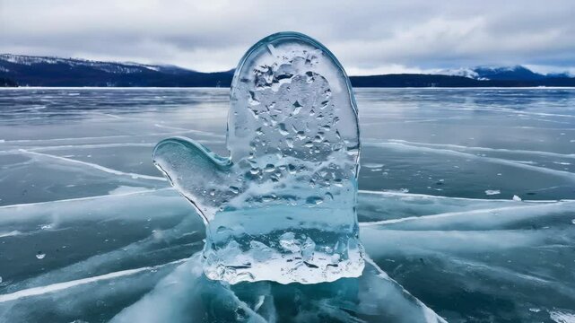 Ice formation resembling a mitten on frozen lake, showcasing winter landscape with distant mountains under an overcast sky.