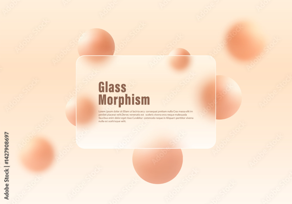 Poster abstract background in glass morphism style. frosted glass partition with floating spheres.
