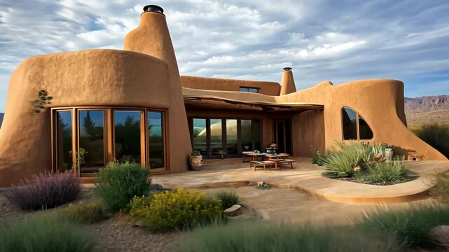 Unique Earth-Toned Adobe House with Desert Landscaping and Blue Sky in a Rural Location