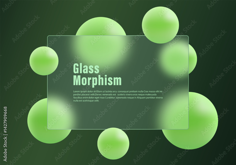 Poster abstract glass morphism background. frosted glass screen with overlay effect on floating 3d spheres 