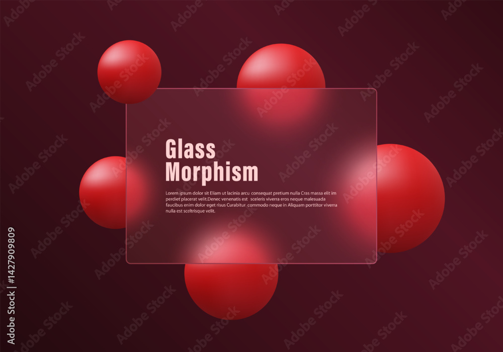 Poster dark gradient background with red spheres and transparent material panel. abstract background in gla