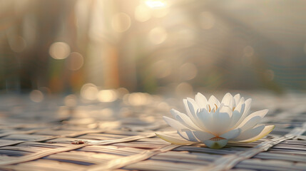 Lotus on yoga mat, soft light and mist, symbolizing peace and harmony on International Yoga Day