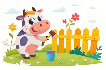 Adorable Cartoon Cow Painting Wooden Fence in Spring Garden Illustration