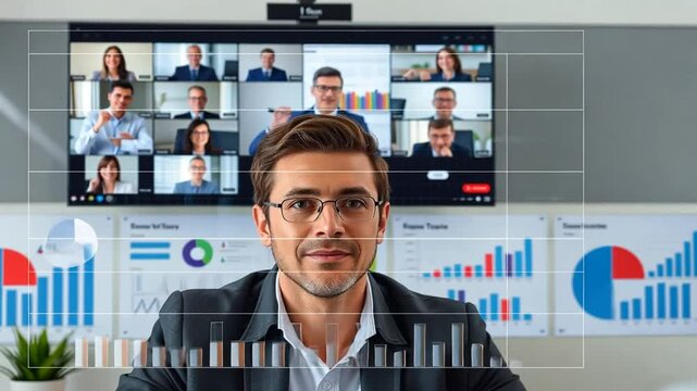 Engaging virtual business meeting with diverse team and data-driven presentation