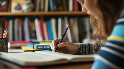 A focused student diligently taking notes in a library setting.