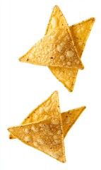 Fototapeta premium Crispy, golden-yellow tortilla chips, stacked in pairs, isolated on a white background. Delicious and crunchy