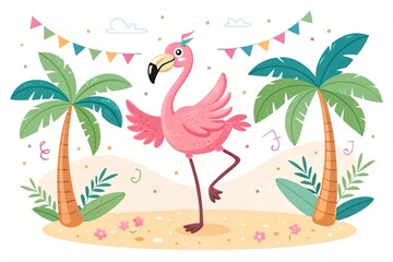 Naklejka premium Happy Flamingo Dancing on Tropical Beach Summer Party Illustration Cute Cartoon Bird