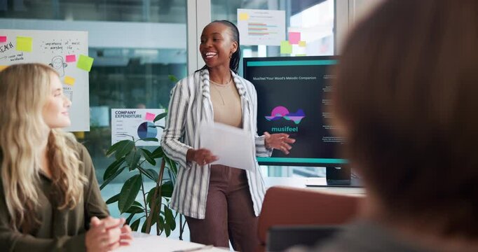 Creative, presentation and woman with documents by screen for marketing pitch, advertising app benefits or KPI. Boardroom, speaker and investors in meeting with brand guidelines and campaign feedback