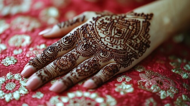 Close-up of an intricately designed henna tattoo on a woman's hand, resting on a richly textured red fabric.