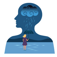 A silhouette of a head in profile with a brain-like cloud inside, it's raining, and a small man with an umbrella. Illustration on the human brain, mind, depression