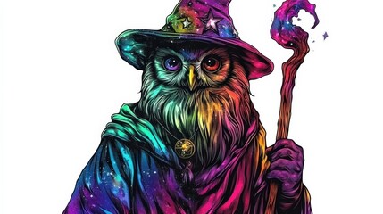 Magical Owl Wizard with Colorful Hat and Staff