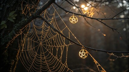 Magical spider web with golden pentacle symbols for wiccan websites, occult design elements, witch aesthetic blogs, and Halloween themed mystical content