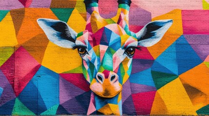 A colorful mural on a brick wall depicts a vibrant, geometric giraffe.
