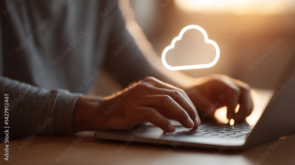 Poster cloud computing services using laptop for data storage and backup solution online technology concept