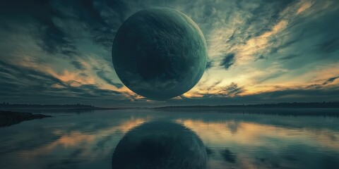 A large, low-hanging moon creating a perfect, undisturbed reflection in the water.