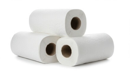 Fototapeta premium Stack of paper towel rolls on white background
