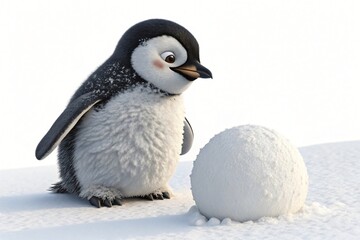 Fototapeta premium Adorable Baby Penguin Chick Encountering a Large Snowball in Snowy Landscape