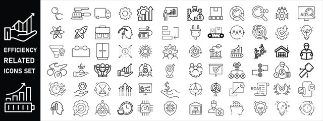 efficiency related, Set of efficiency related line icons. Productivity, optimization, improvement etc