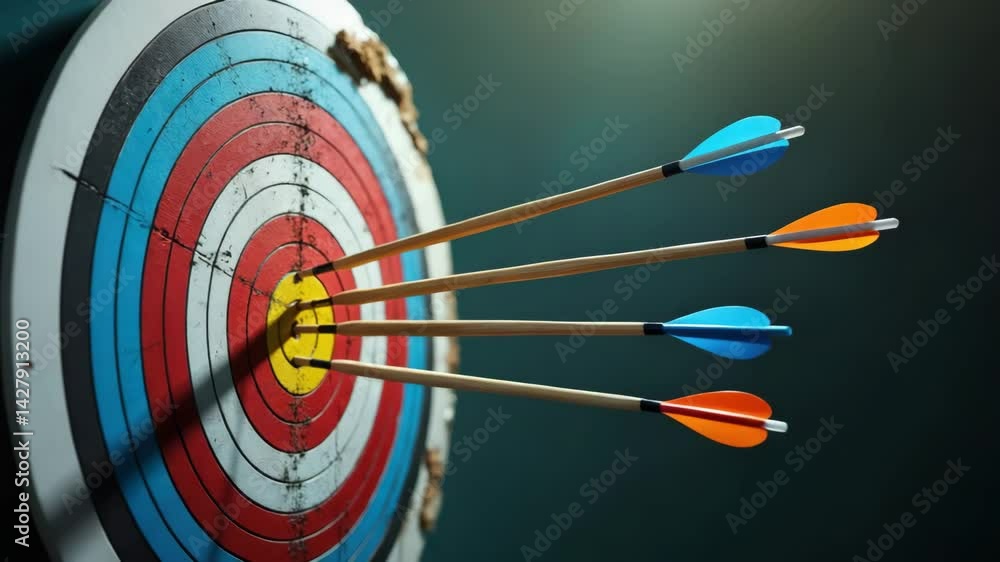 Poster a close-up of a dartboard with arrows embedded, showcasing vibrant colors and precise targeting.