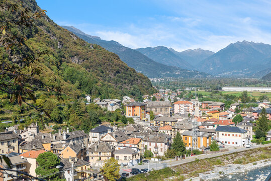 Piedimulera town, Italy, in Val d'Ossola at the entrance of the Anzasca valley with in the background Villadossola and the hill with the Sacred Mount Calvary of Domodossola, UNESCO site