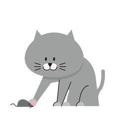 ねずみのおもちゃで遊ぶグレーの猫のイラスト