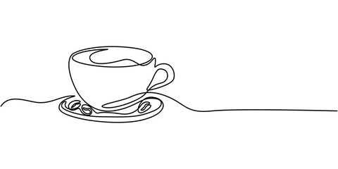 One continuous line drawing Cup of Coffee with coffee beans. A cup of coffee simple outline vector, Single continuous line drawing of a cup of coffee drink with coffee beans on ceramic coaster.