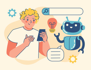 Bright flat vector concept of a young adult using a smartphone to interact with an AI chatbot assistant. Artificial intelligence, smart tech, mobile apps, and modern digital communication