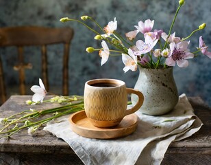 A relaxing morning with hot coffee and fresh flowers near a serene view of nature. Generative AI.