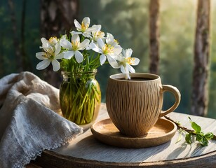 A relaxing morning with hot coffee and fresh flowers near a serene view of nature. Generative AI.