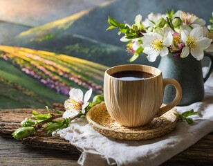 Relaxing morning with hot coffee and fresh flowers near a serene mountain view in nature. Generative AI.