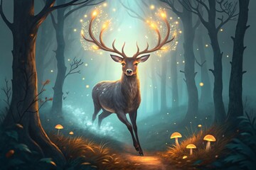 Magical Deer in Enchanted Forest Glowing Antlers Fantasy Art Mystical Creature