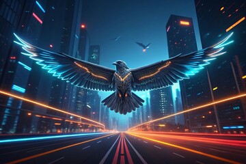 Futuristic Cyberpunk Cityscape with Illuminated Eagle Soaring Above Night Highway