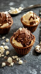 Ice Cream Scoops in Waffle Baskets with Chocolate Drizzle and Vanilla Chunks