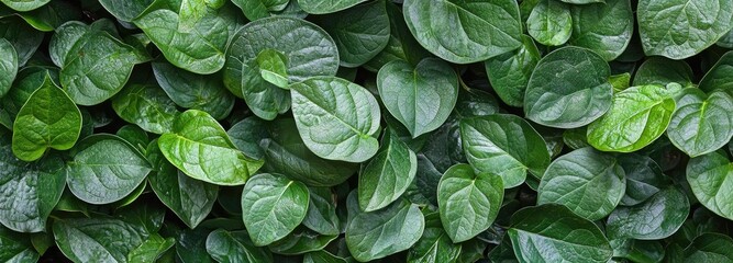 Abstract texture of green leaves, dark nature background. Top view of large, atmospheric foliage in a tropical forest, a concept of a natural pattern for a banner or wallpaper.