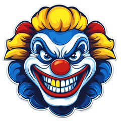 Obraz premium Terrifying grinning clown with menacing eyes and colorful makeup on transparent background