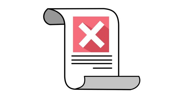 Rejected document icon. Wrong checkmark on error verification paper in cartoon animation. Failed task confirmation symbol. Alpha channel.