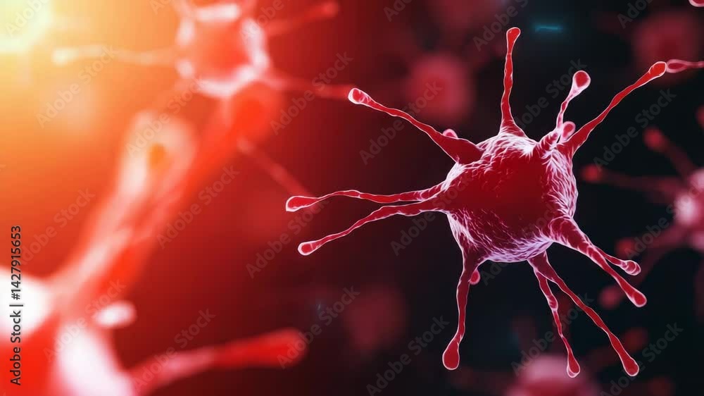 Poster a vibrant, abstract representation of a virus or bacteria, showcasing intricate details and a dynami